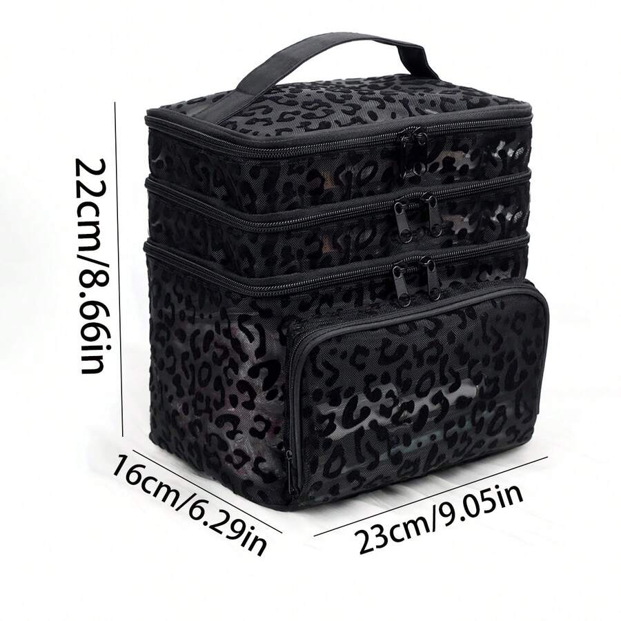 Crna minimalistička modna mrežasta torba za šminku sa leopard printom, veliki kapacitet