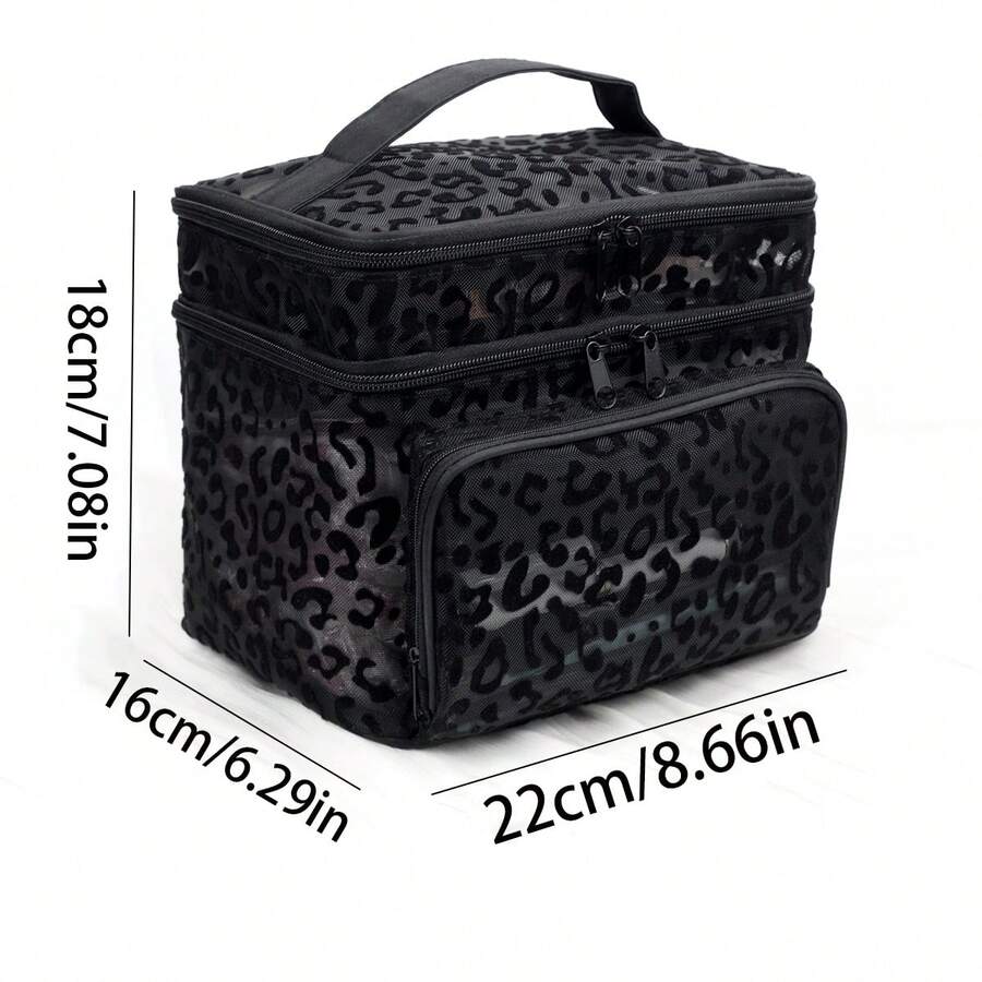 Crna minimalistička modna mrežasta torba za šminku sa leopard printom, veliki kapacitet