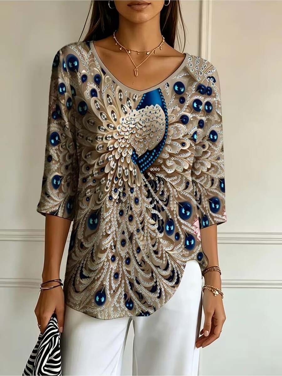 Bluza sa geometrijskim printom srca i dijamanta, V-izrez, 3/4 rukavi, plus size
