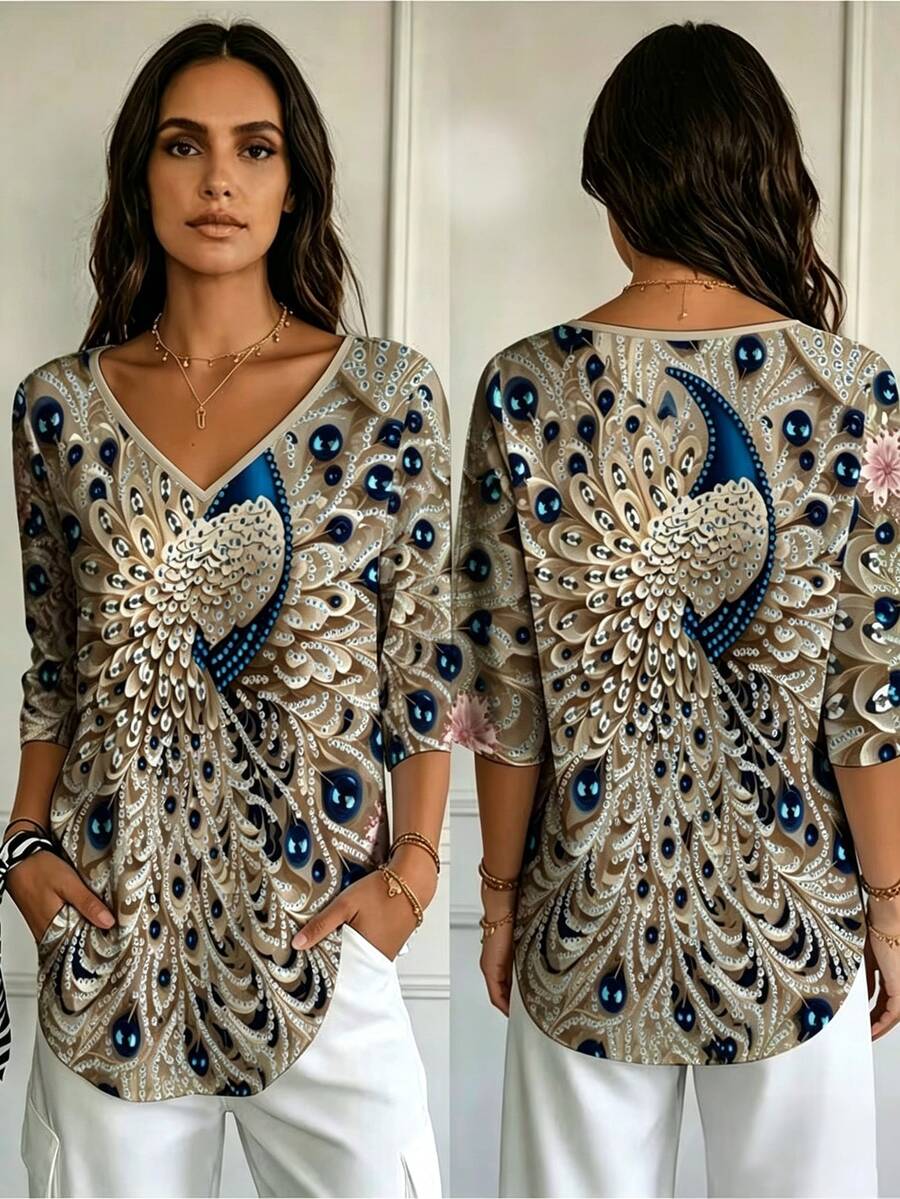Bluza sa geometrijskim printom srca i dijamanta, V-izrez, 3/4 rukavi, plus size