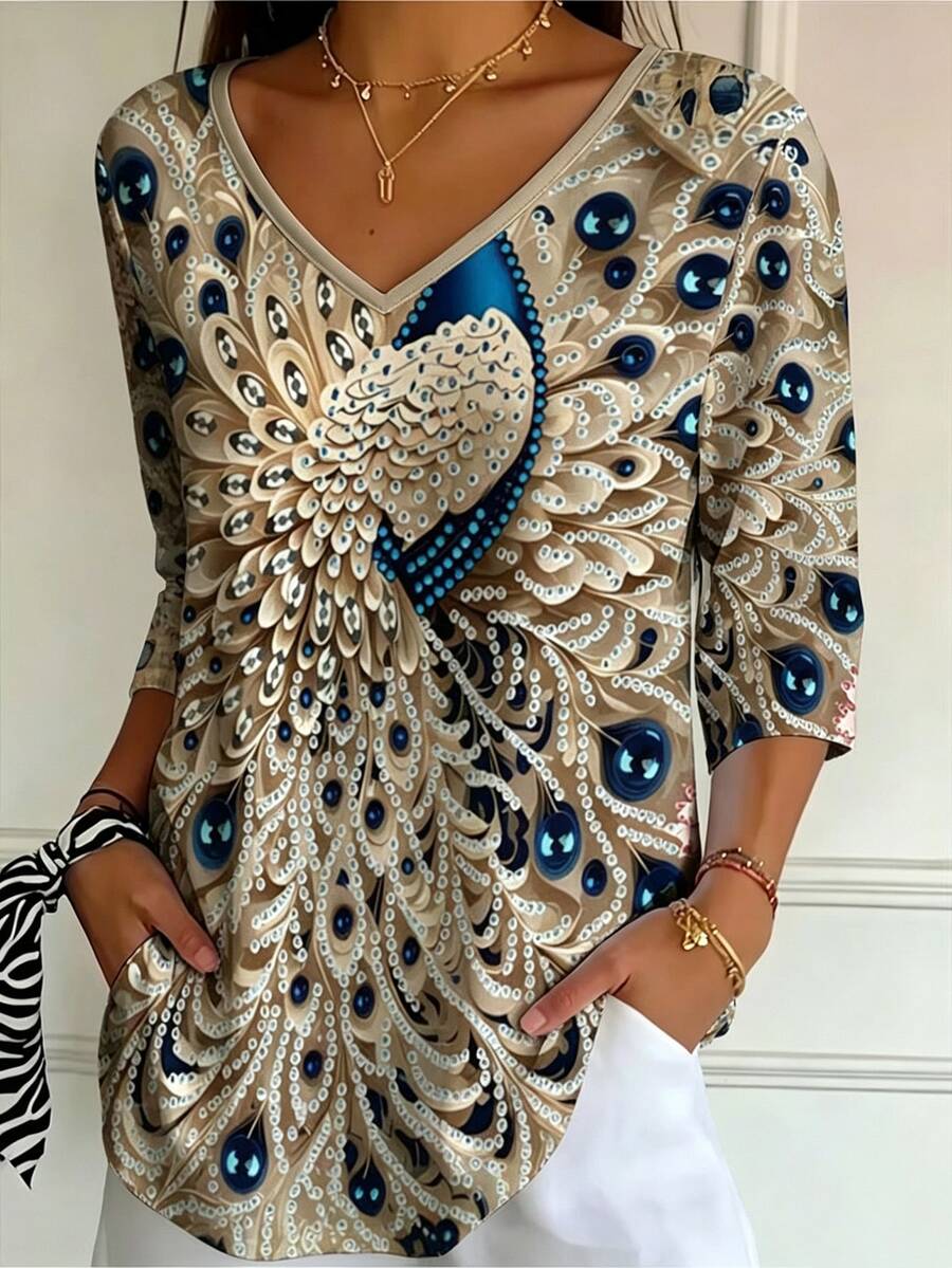 Bluza sa geometrijskim printom srca i dijamanta, V-izrez, 3/4 rukavi, plus size