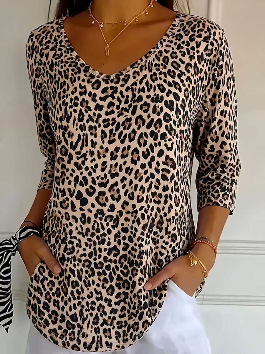 Bluza sa geometrijskim printom srca i dijamanta, V-izrez, 3/4 rukavi, plus size