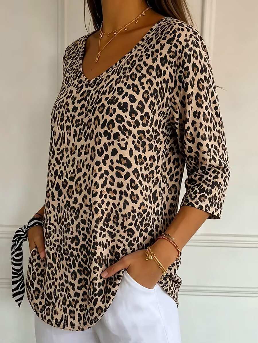 Bluza sa geometrijskim printom srca i dijamanta, V-izrez, 3/4 rukavi, plus size