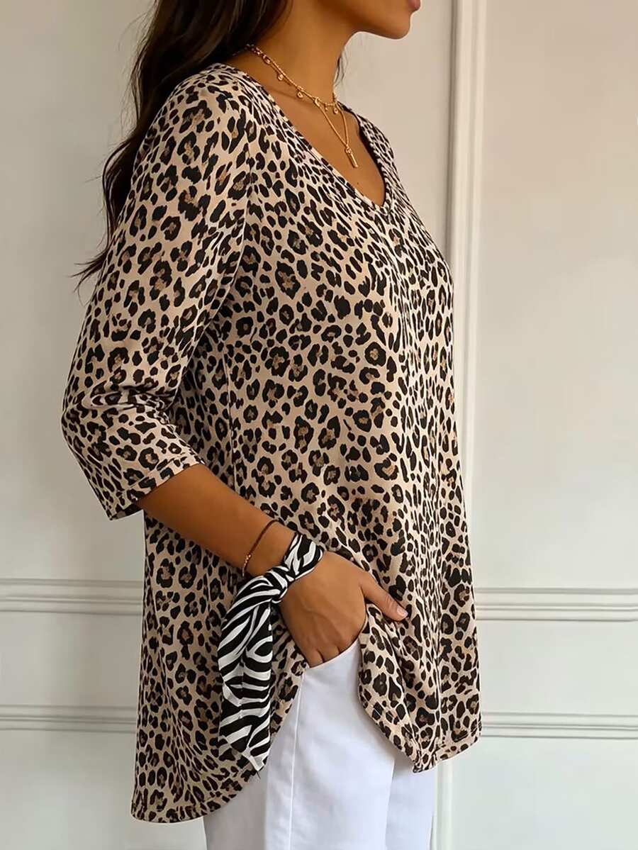 Bluza sa geometrijskim printom srca i dijamanta, V-izrez, 3/4 rukavi, plus size