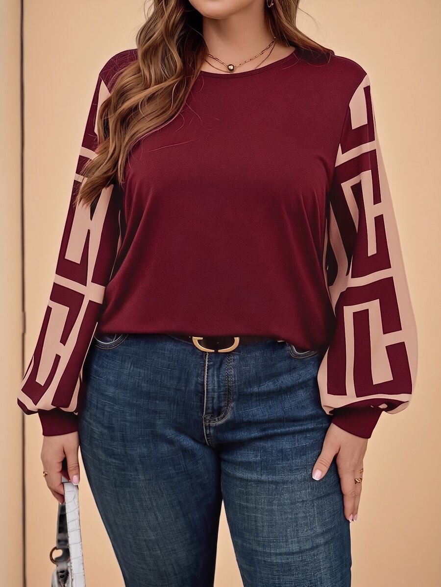 Ženska providna mrežasta bluza sa lantern rukavima, plus size