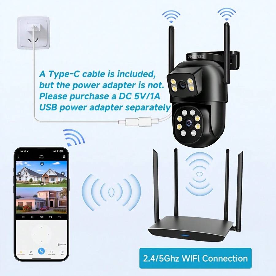 2 komada pametne bežične sigurnosne kamere, 2.4G/5G WiFi kamera sa dvostrukim objektivom