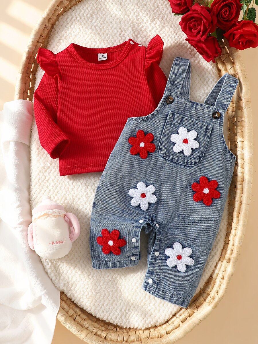 2 kom/set bebi bodi za devojčice, od prane teksas tkanine, sa 3D izvezenim filc jagodama
