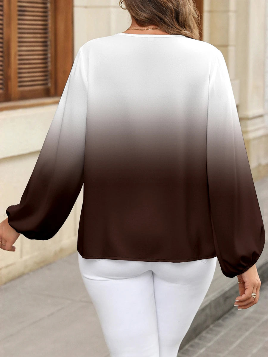 Ženska ležerna košulja plus size sa ombre printom, V-izrezom i lantern rukavima