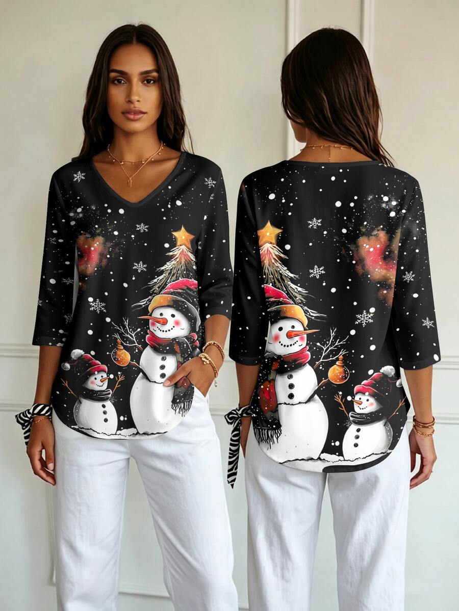 Bluza sa geometrijskim printom srca i dijamanta, V-izrez, 3/4 rukavi, plus size