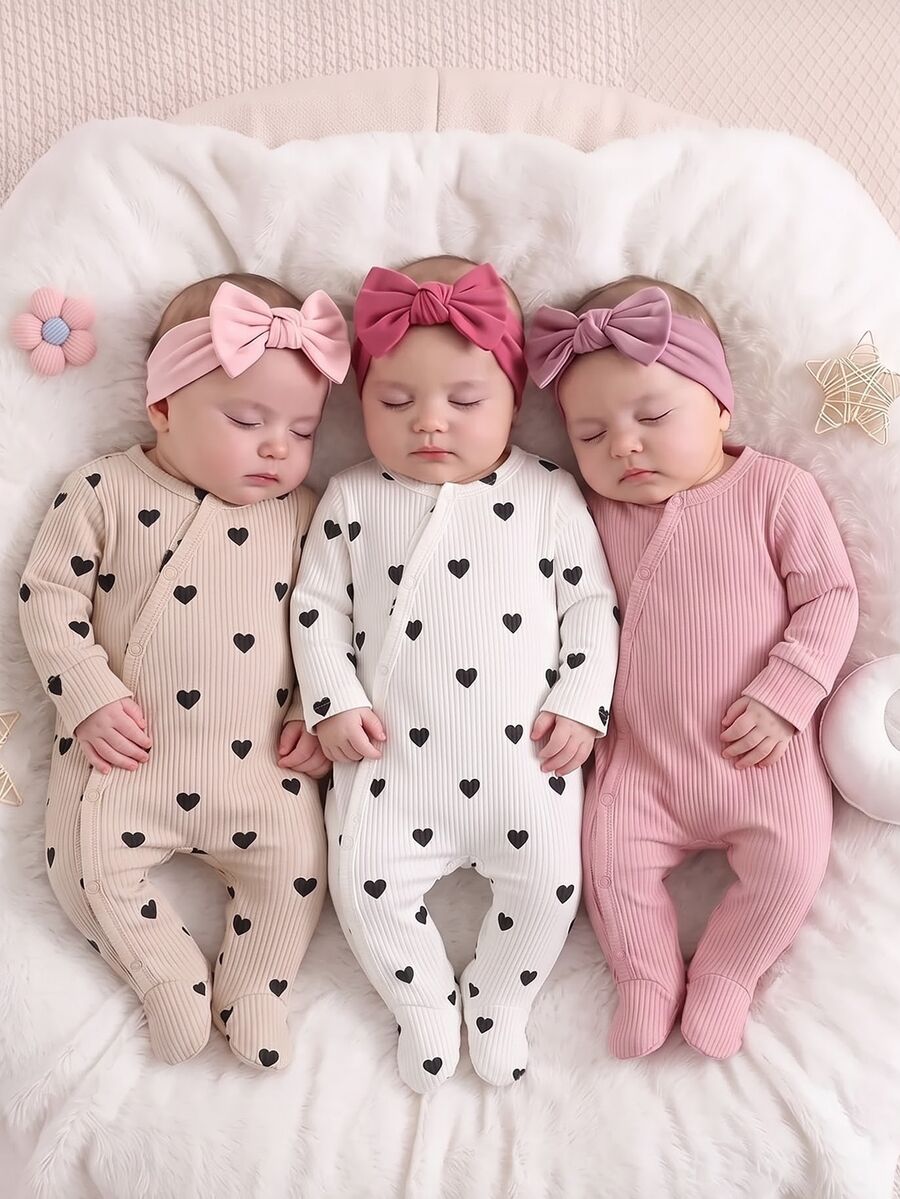 3 komada dečijih kombinezona za devojčice, slatki i nežni, roze i krem, rebrasti sa printom višnje