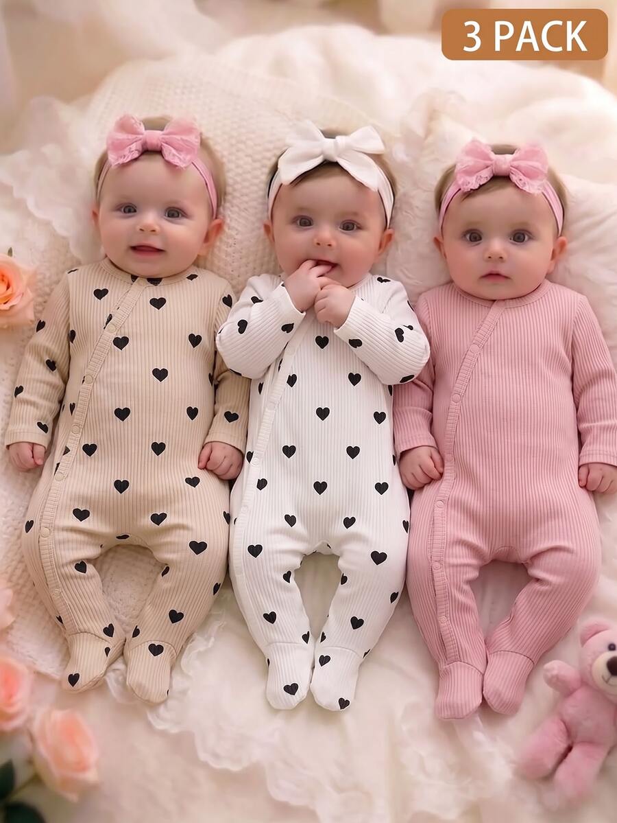 3 komada dečijih kombinezona za devojčice, slatki i nežni, roze i krem, rebrasti sa printom višnje