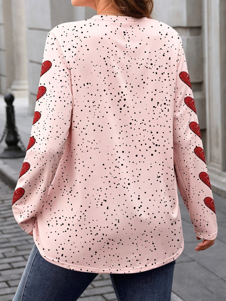 Ženska bluza plus size sa printom srca, okruglim izrezom i dugim rukavima