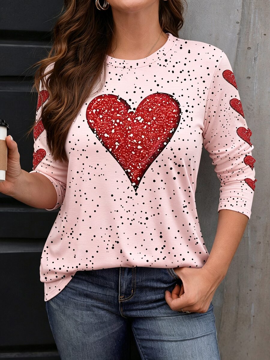 Ženska bluza plus size sa printom srca, okruglim izrezom i dugim rukavima