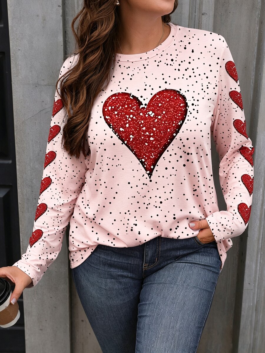 Ženska bluza plus size sa printom srca, okruglim izrezom i dugim rukavima