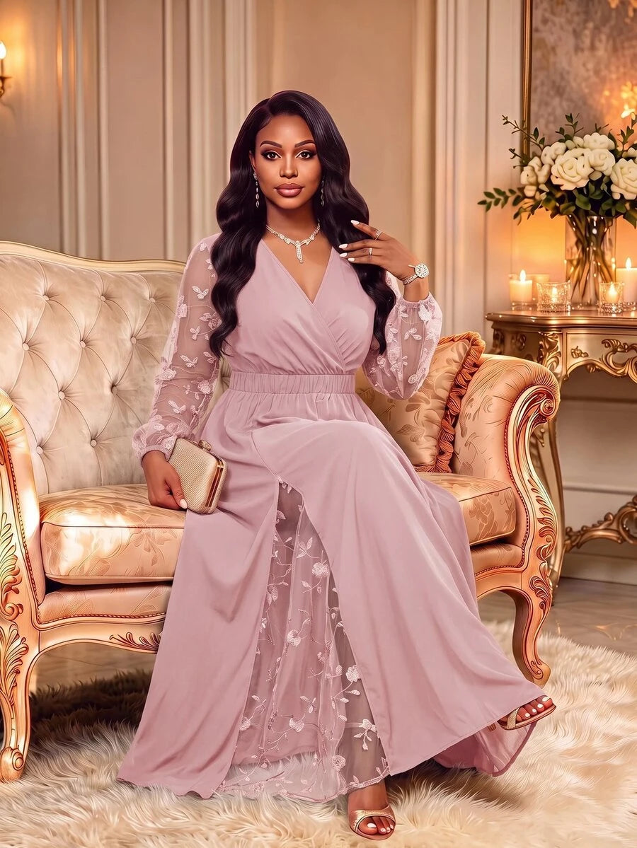 Elegantna haljina , plus size, sa vezom i mrežastim detaljima