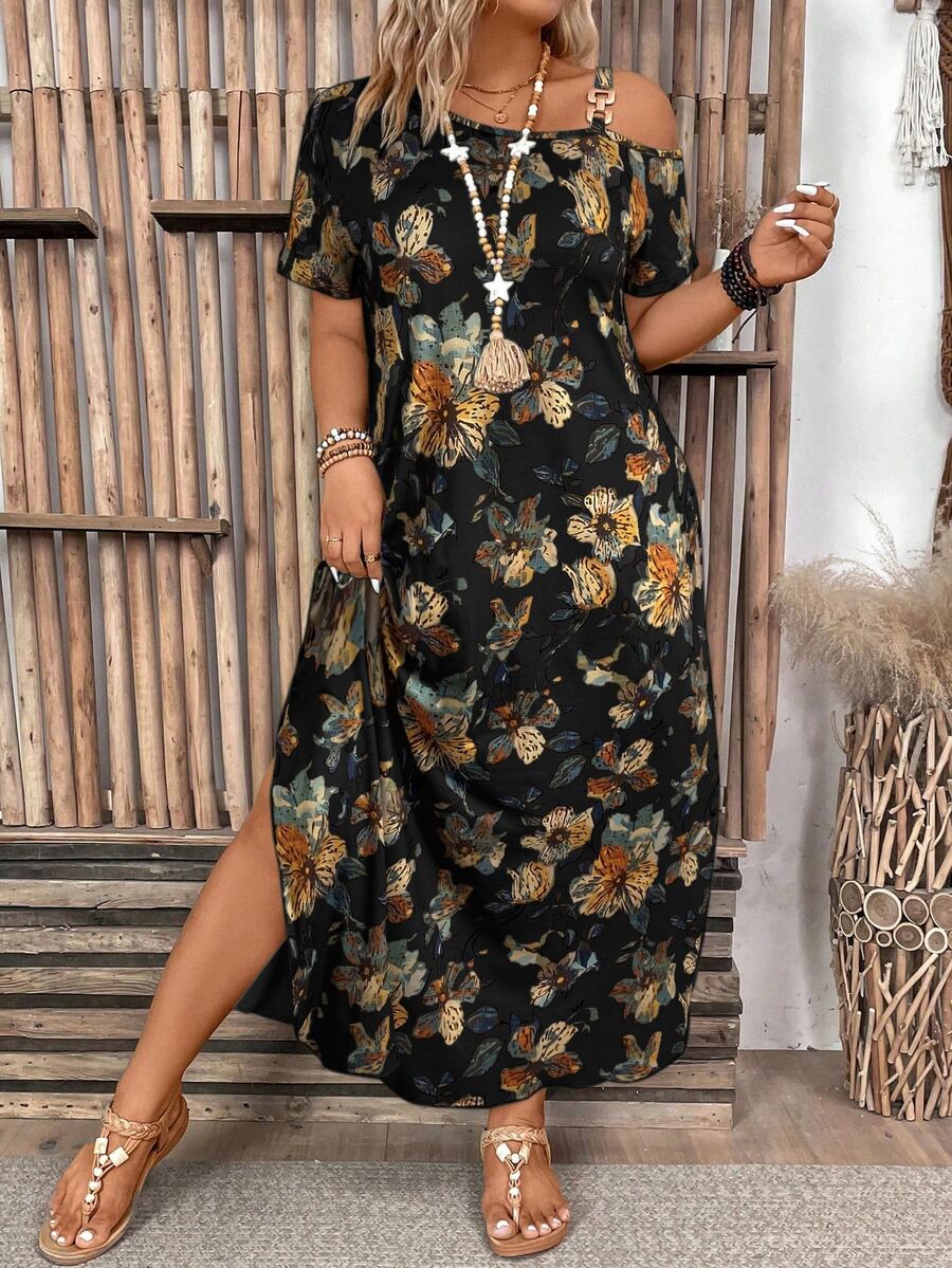 Ženska ležerna haljina plus size jednobojna, sa asimetričnim izrezom