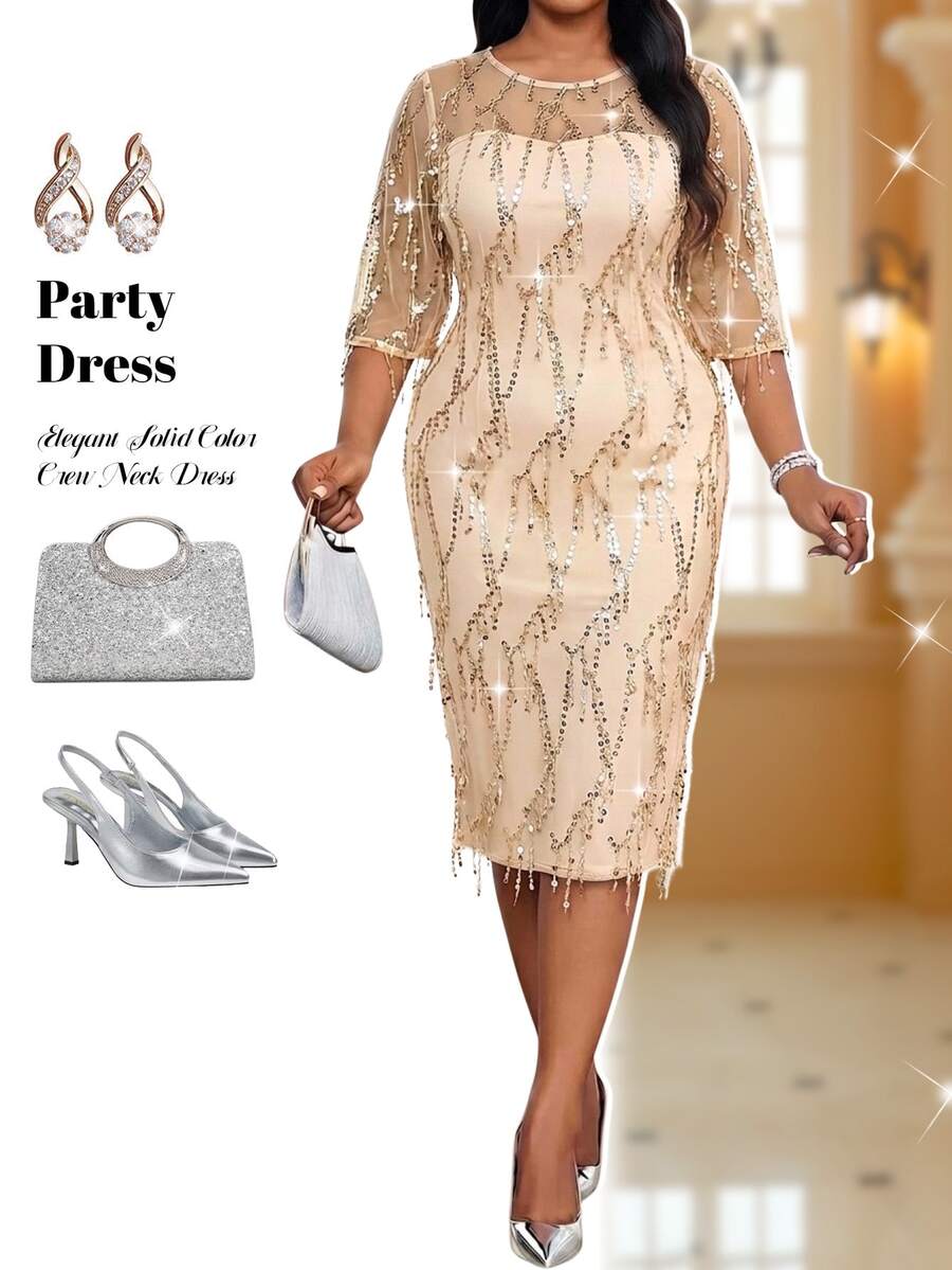 Elegantna crna midi haljina od čipke za žene, plus size, sa 3/4 rukavima