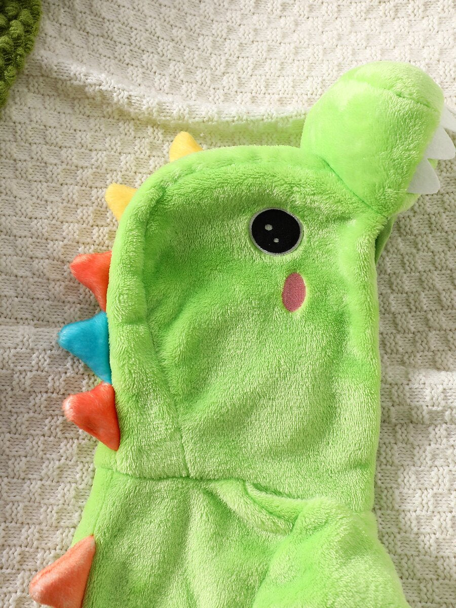 Bebi kombinezon sa kapuljačom, limeta zelena, 3D rep dinosauraura sa bodljama i zubima, dugi rukavi