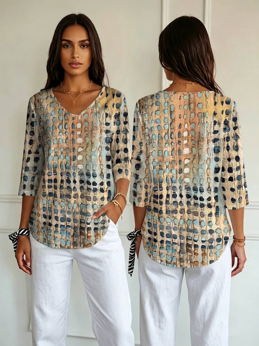 Bluza sa geometrijskim printom srca i dijamanta, V-izrez, 3/4 rukavi, plus size
