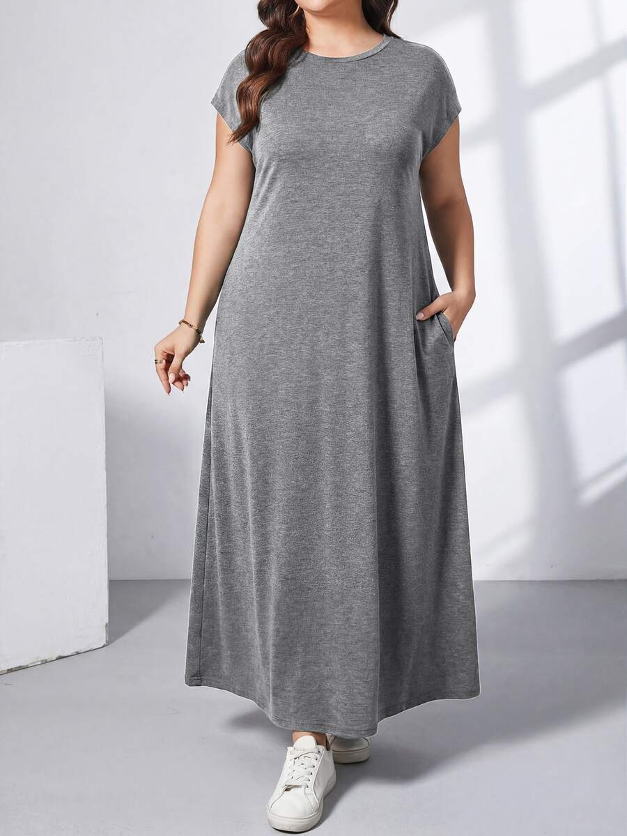Ženska ležerna haljina plus size, jednobojna, sa okruglim izrezom, kratkim rukavima i džepom