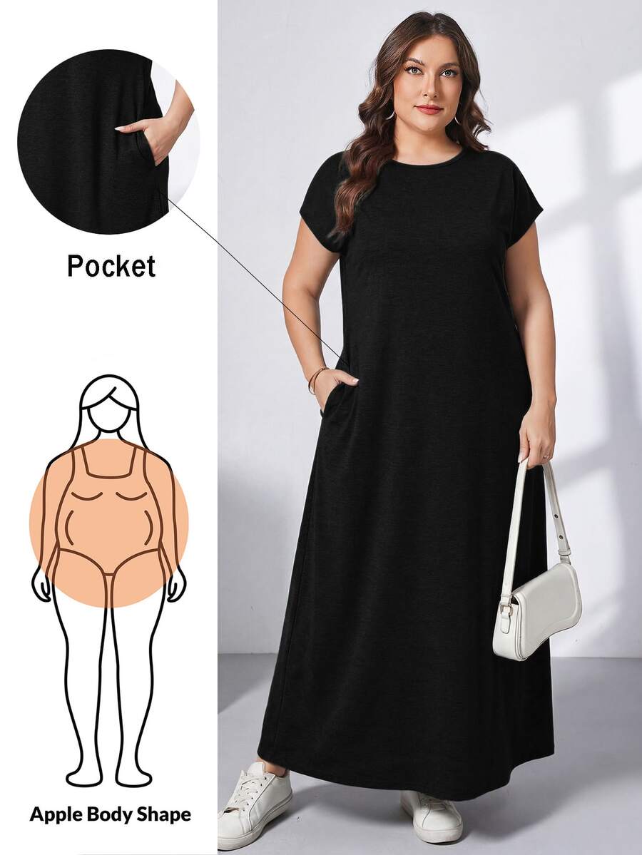 Ženska ležerna haljina plus size, jednobojna, sa okruglim izrezom, kratkim rukavima i džepom