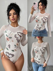 Ženski letnji vintage seksi bodi  sa perlama, leptir i cvetnim printom
