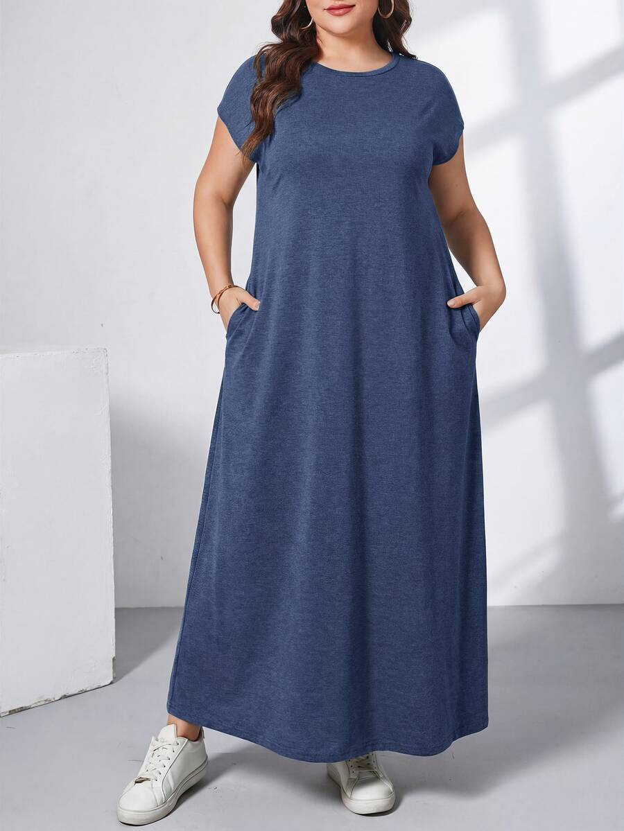 Ženska ležerna haljina plus size, jednobojna, sa okruglim izrezom, kratkim rukavima i džepom
