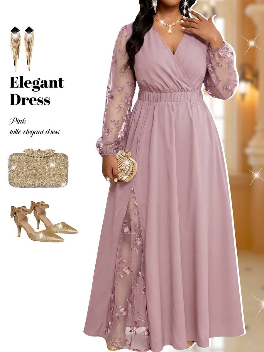 Elegantna haljina , plus size, sa vezom i mrežastim detaljima