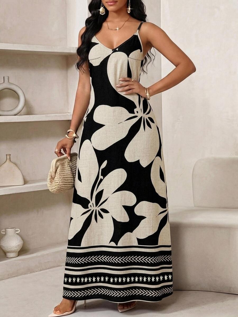 Lady Haljina sa tankim kaiš-bretelama i printom sa šljokicama, plus size