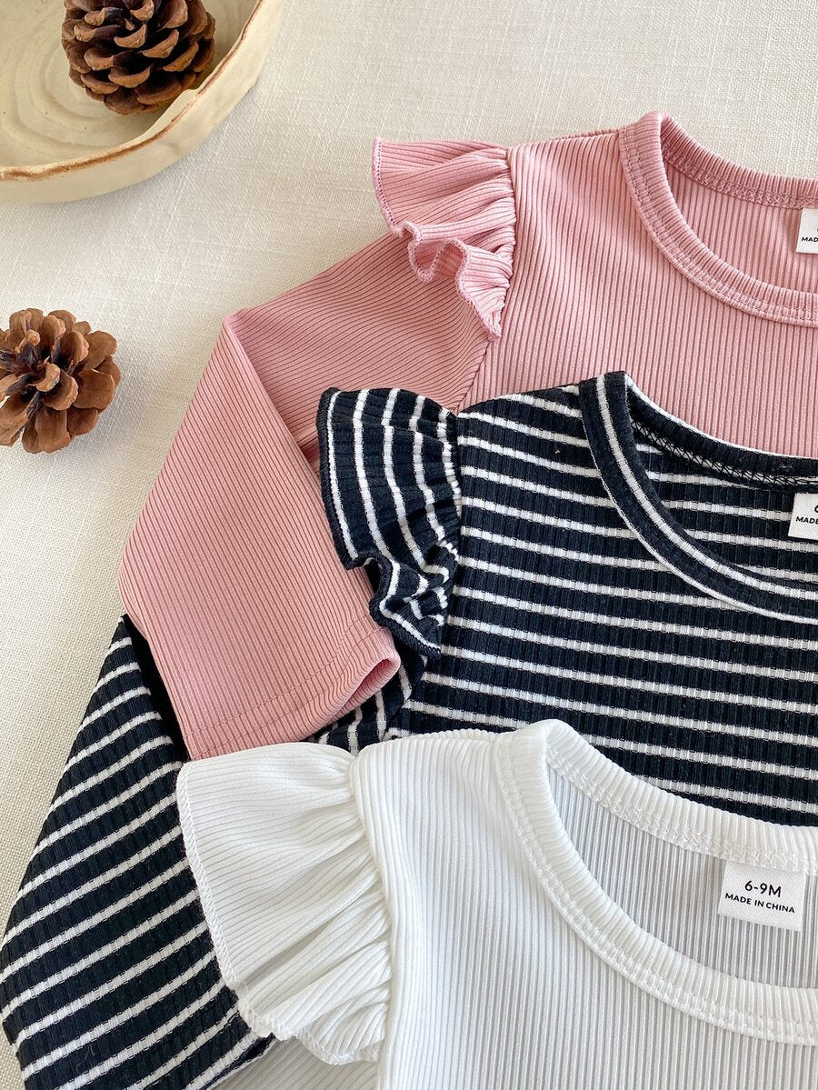 3 kom/set dečijih majica za devojčice, roze i bela prugasta, jesenja, slatka