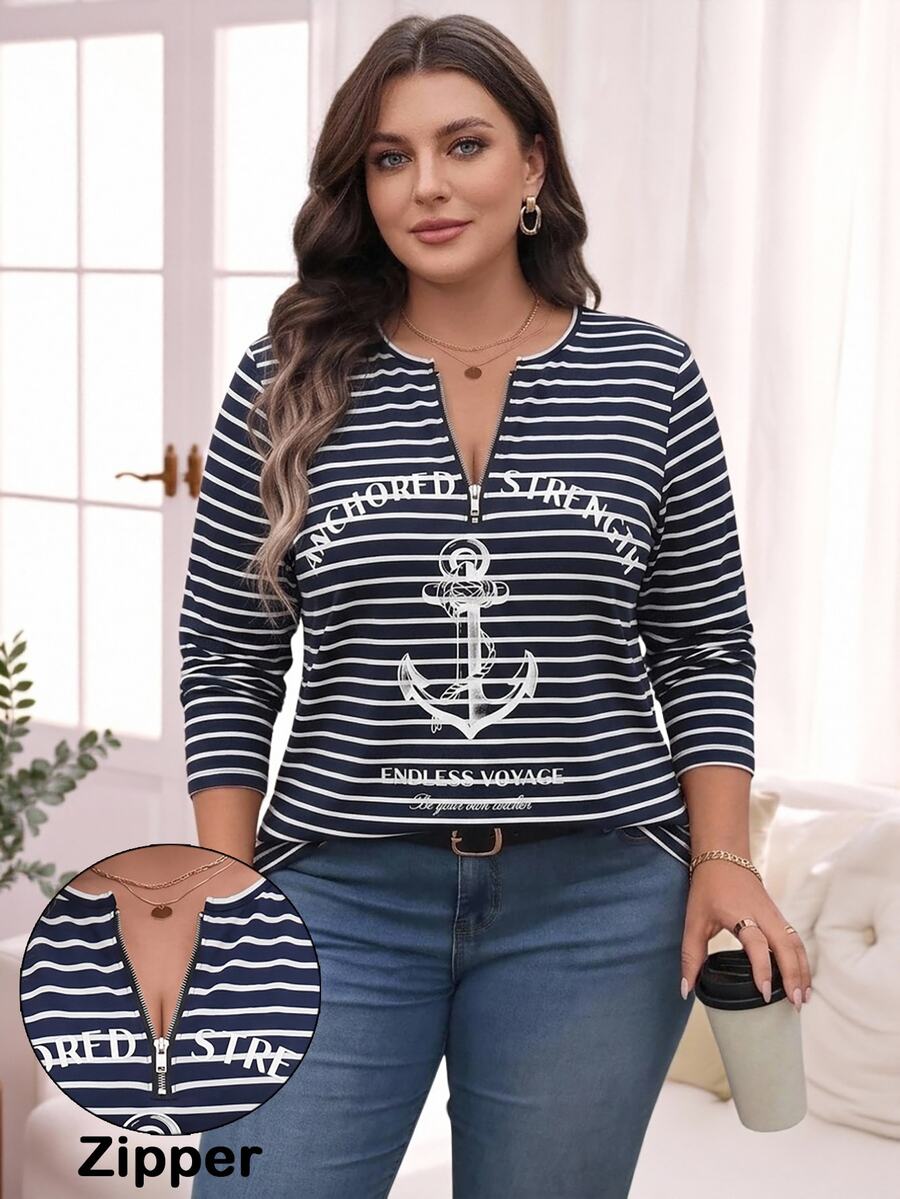 Bluza plus size, širokog kroja, sa polu-ziperom, okruglim izrezom i dugim rukavima