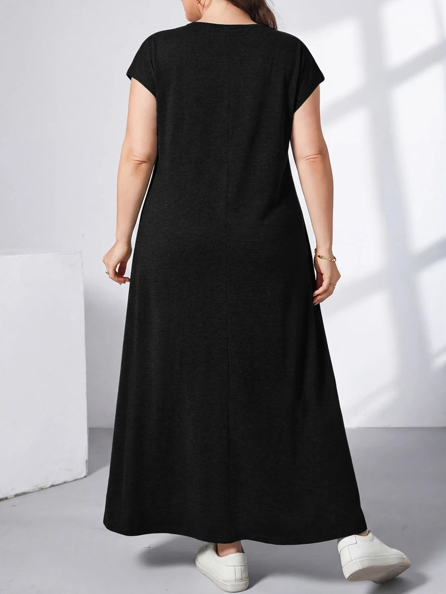 Ženska ležerna haljina plus size, jednobojna, sa okruglim izrezom, kratkim rukavima i džepom