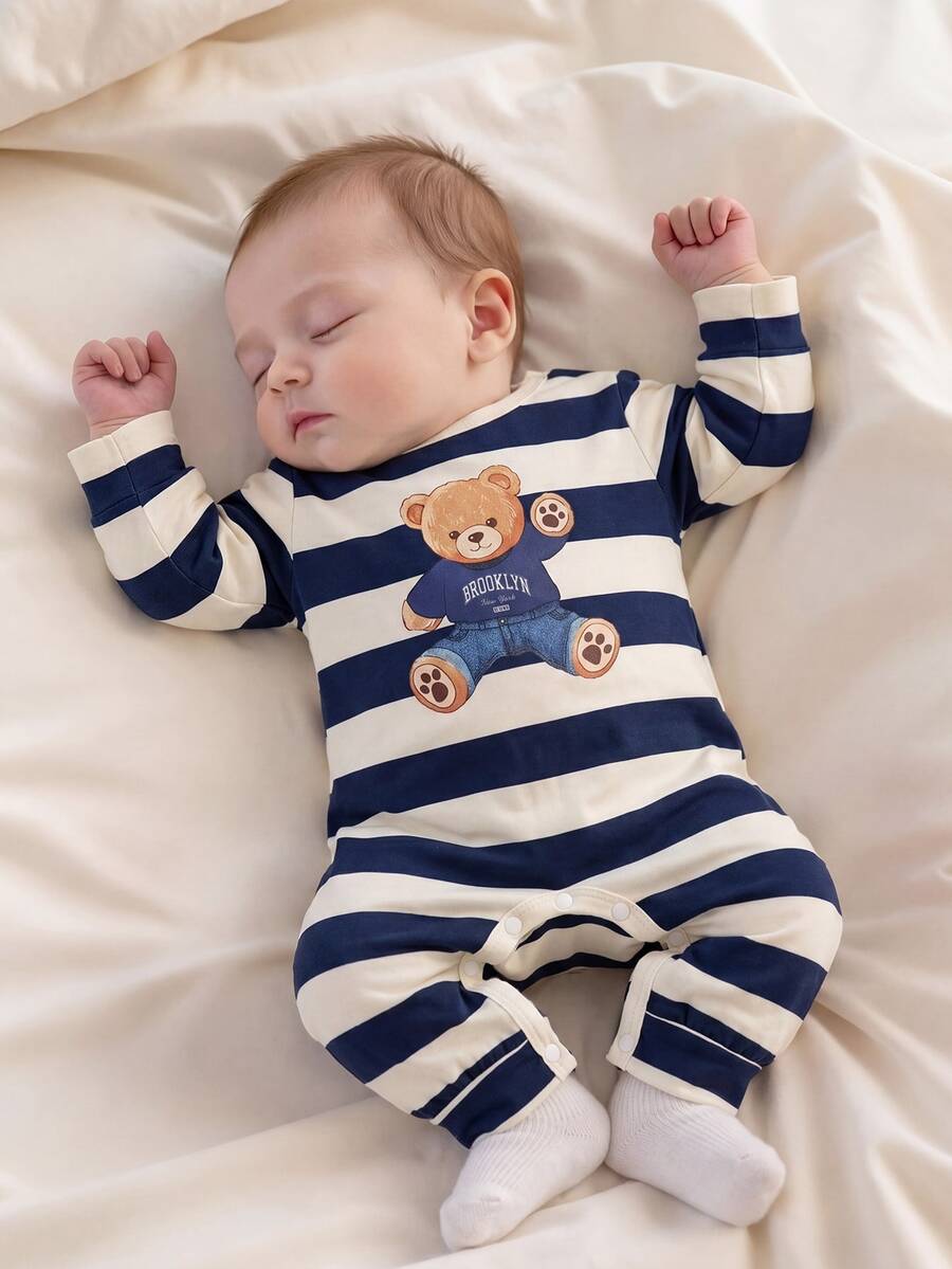 Pleteni romper za dečaka, slatki crno-belo prugasti sa medvedom aplikacijom, dugih rukava