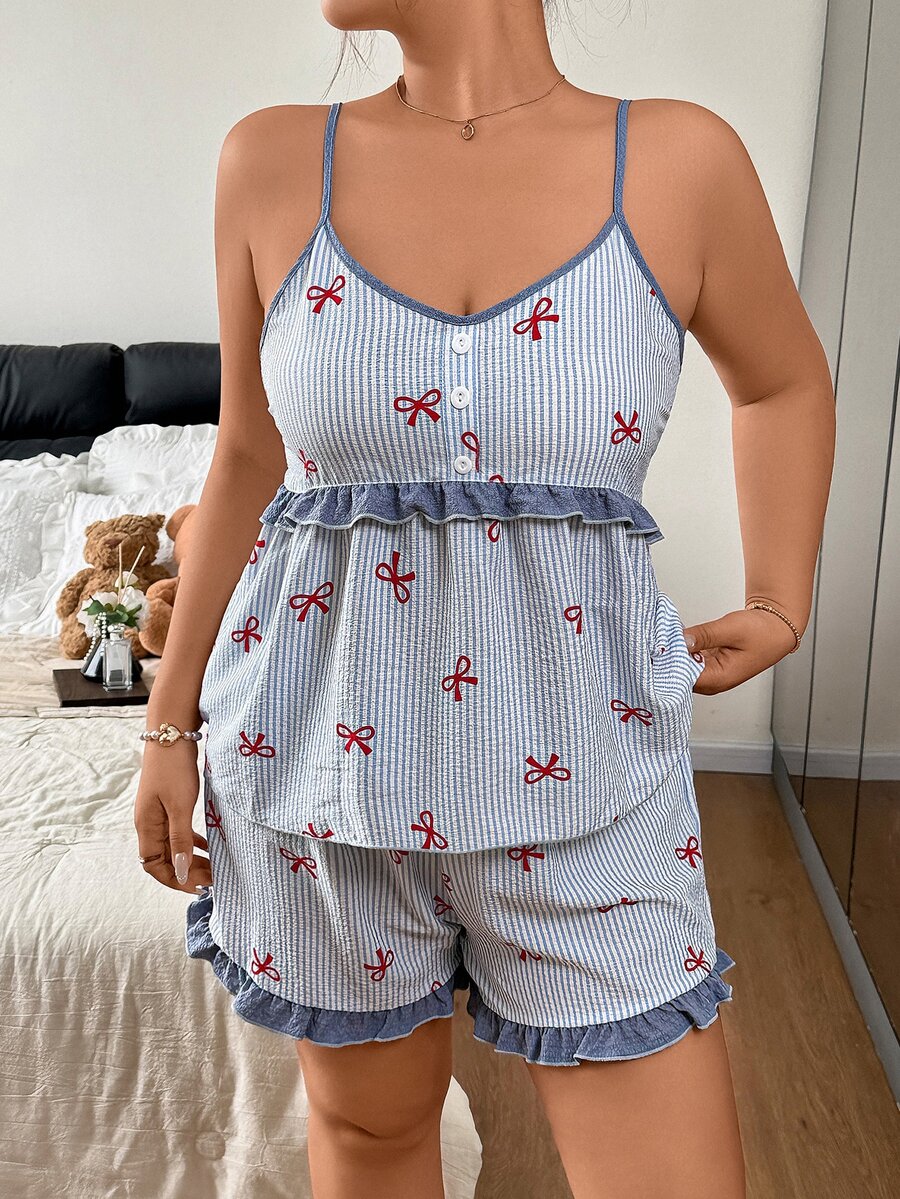Prugasti pidžama set za žene plus size sa mašnom, kontrastnim bojama i karnerima