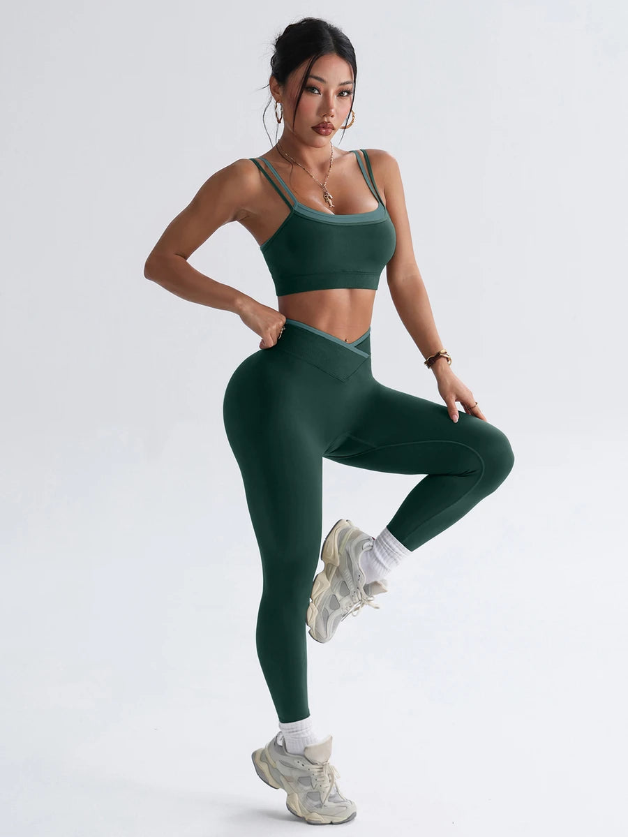 Bešavni ženski set za fitnes i svaki dan, visoko elastičan, sportski, sa efektom zatezanja struka i podizanja zadnjice