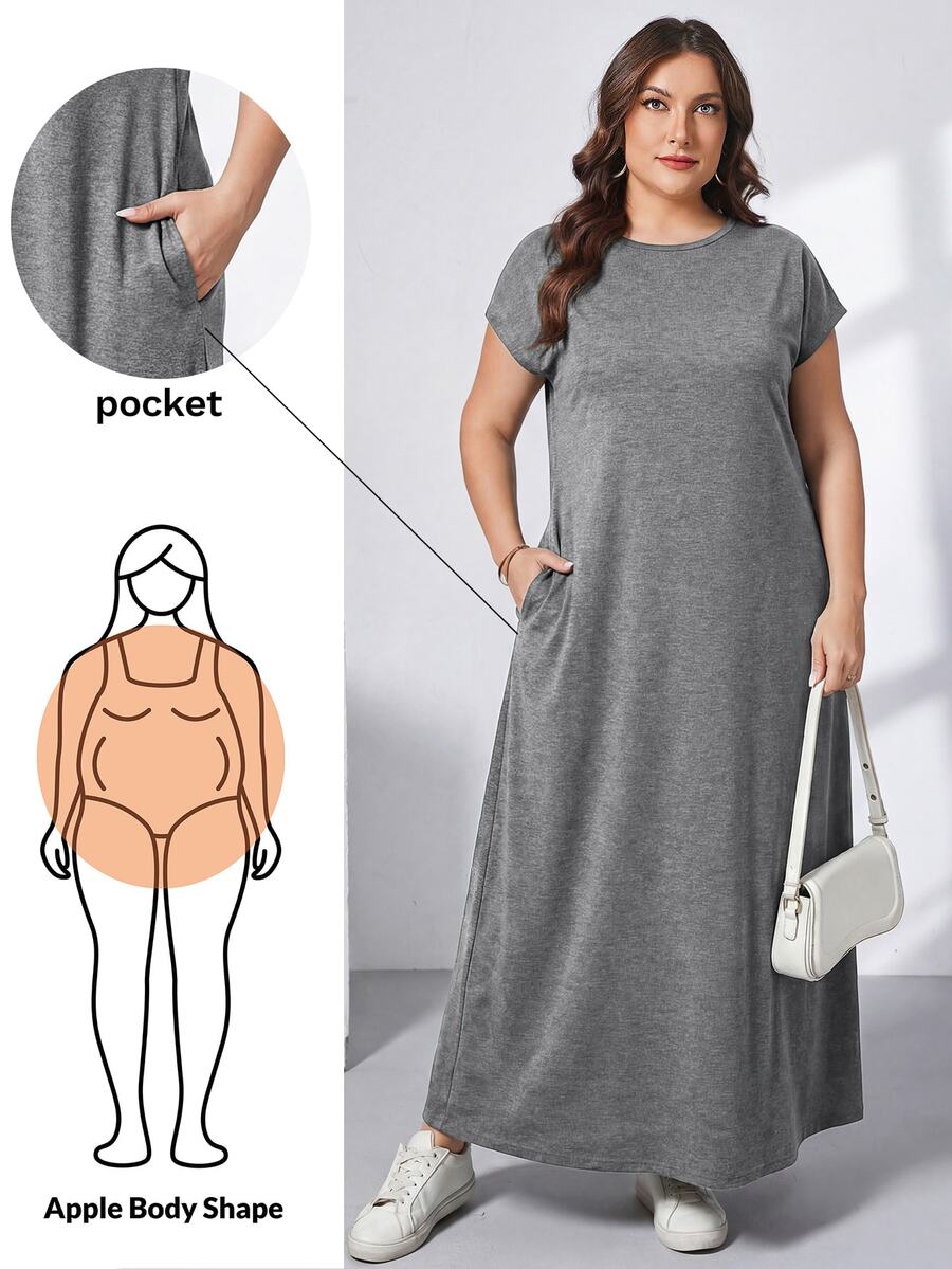 Ženska ležerna haljina plus size, jednobojna, sa okruglim izrezom, kratkim rukavima i džepom
