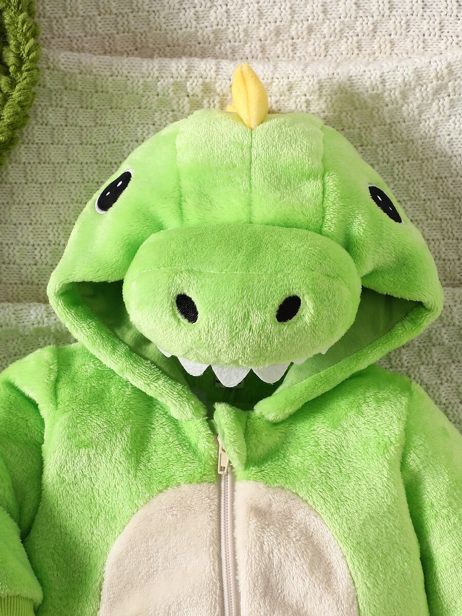 Bebi kombinezon sa kapuljačom, limeta zelena, 3D rep dinosauraura sa bodljama i zubima, dugi rukavi