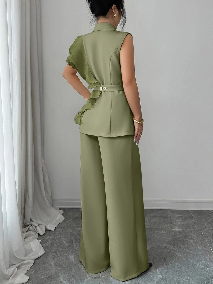 Ženski elegantni letnji luksuzni set -blejzer sa volanim kragnom i vezivanjem u struku uz pantalone