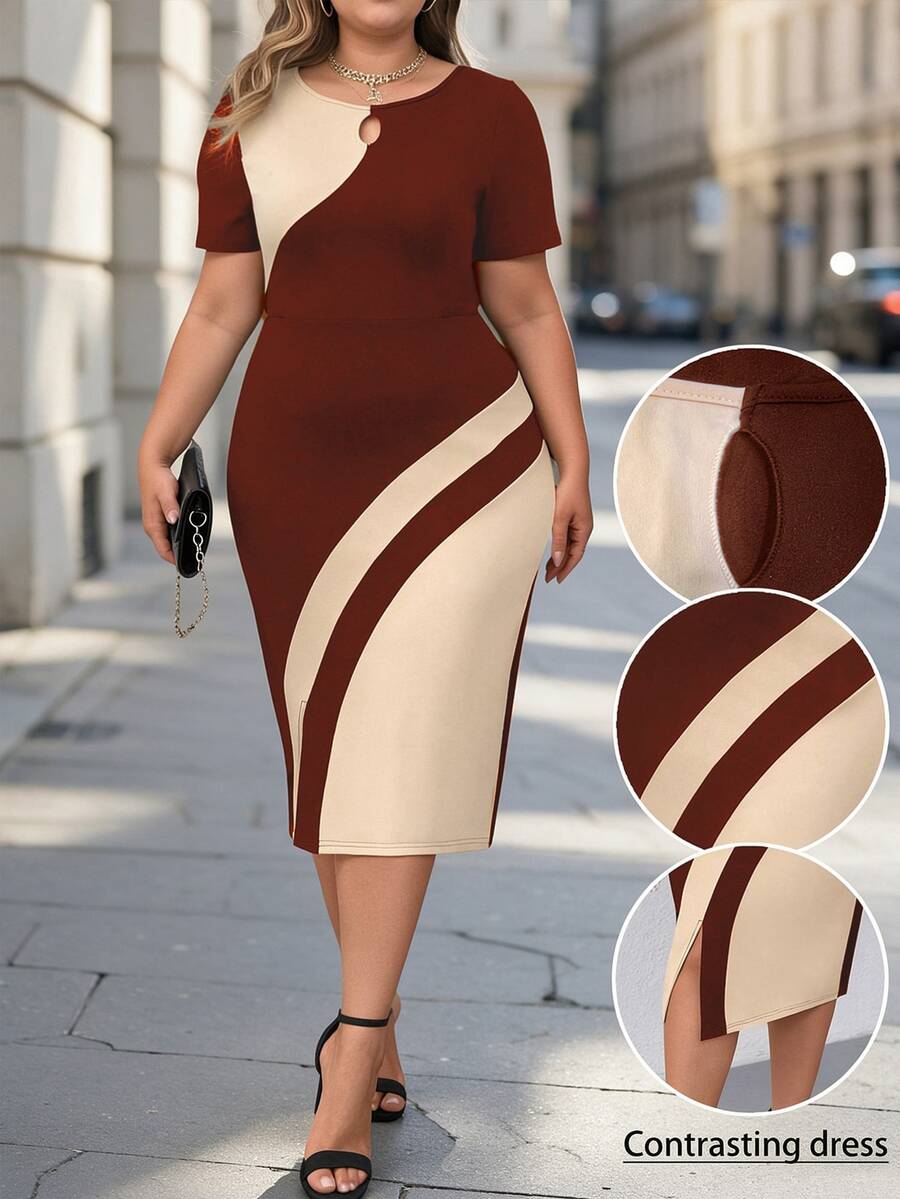 Plus size haljina sa koloblock dizajnom i izrezom