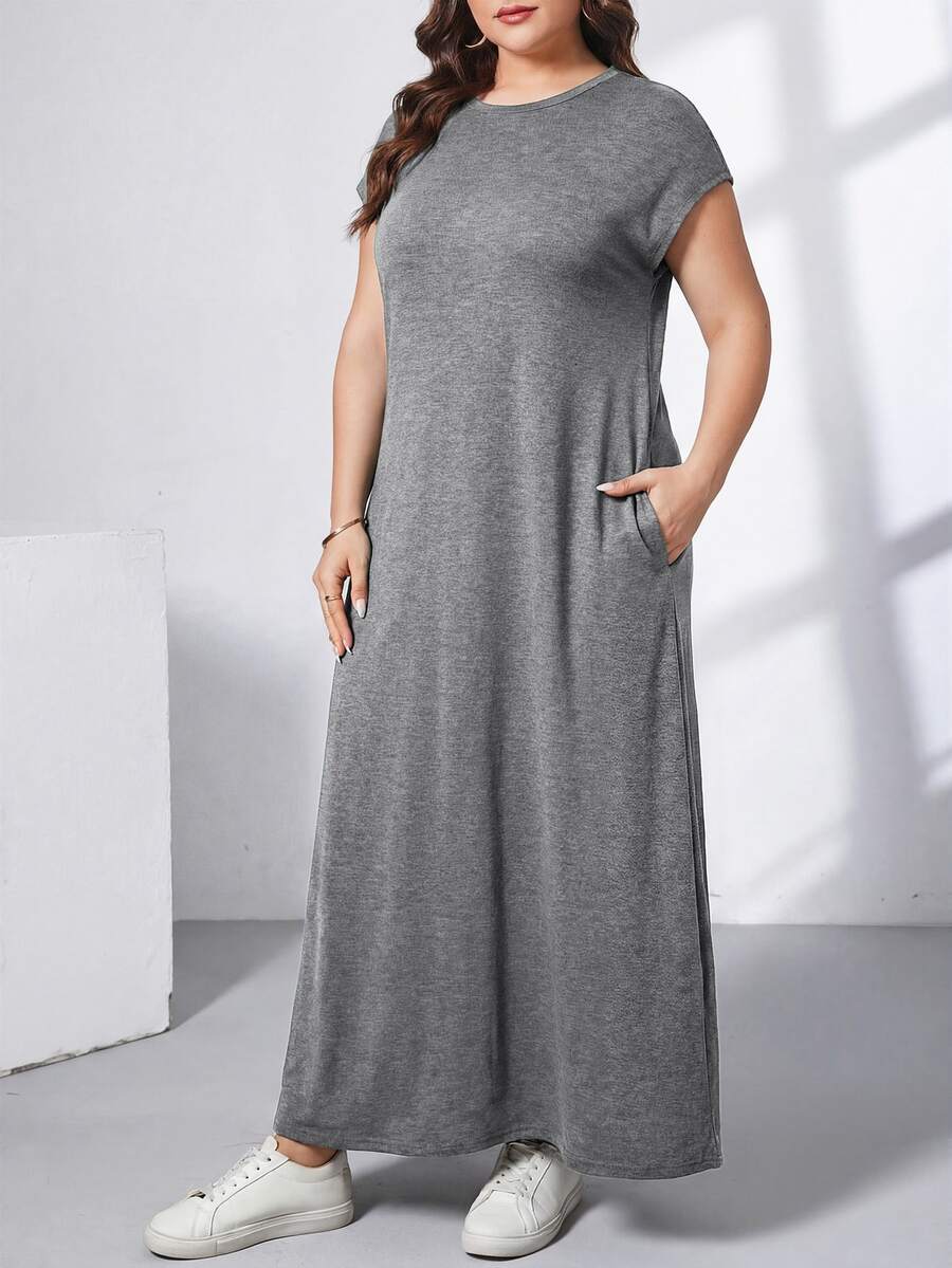 Ženska ležerna haljina plus size, jednobojna, sa okruglim izrezom, kratkim rukavima i džepom