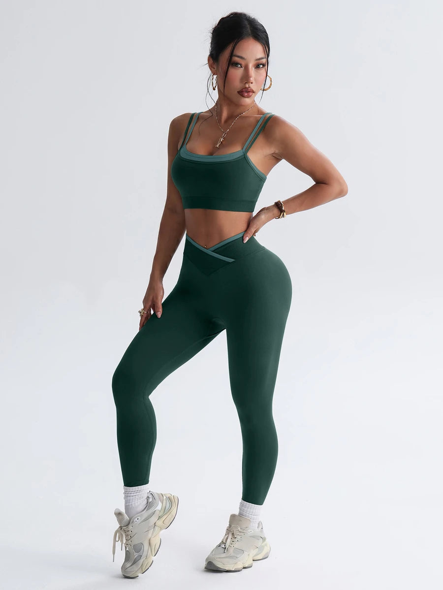 Bešavni ženski set za fitnes i svaki dan, visoko elastičan, sportski, sa efektom zatezanja struka i podizanja zadnjice