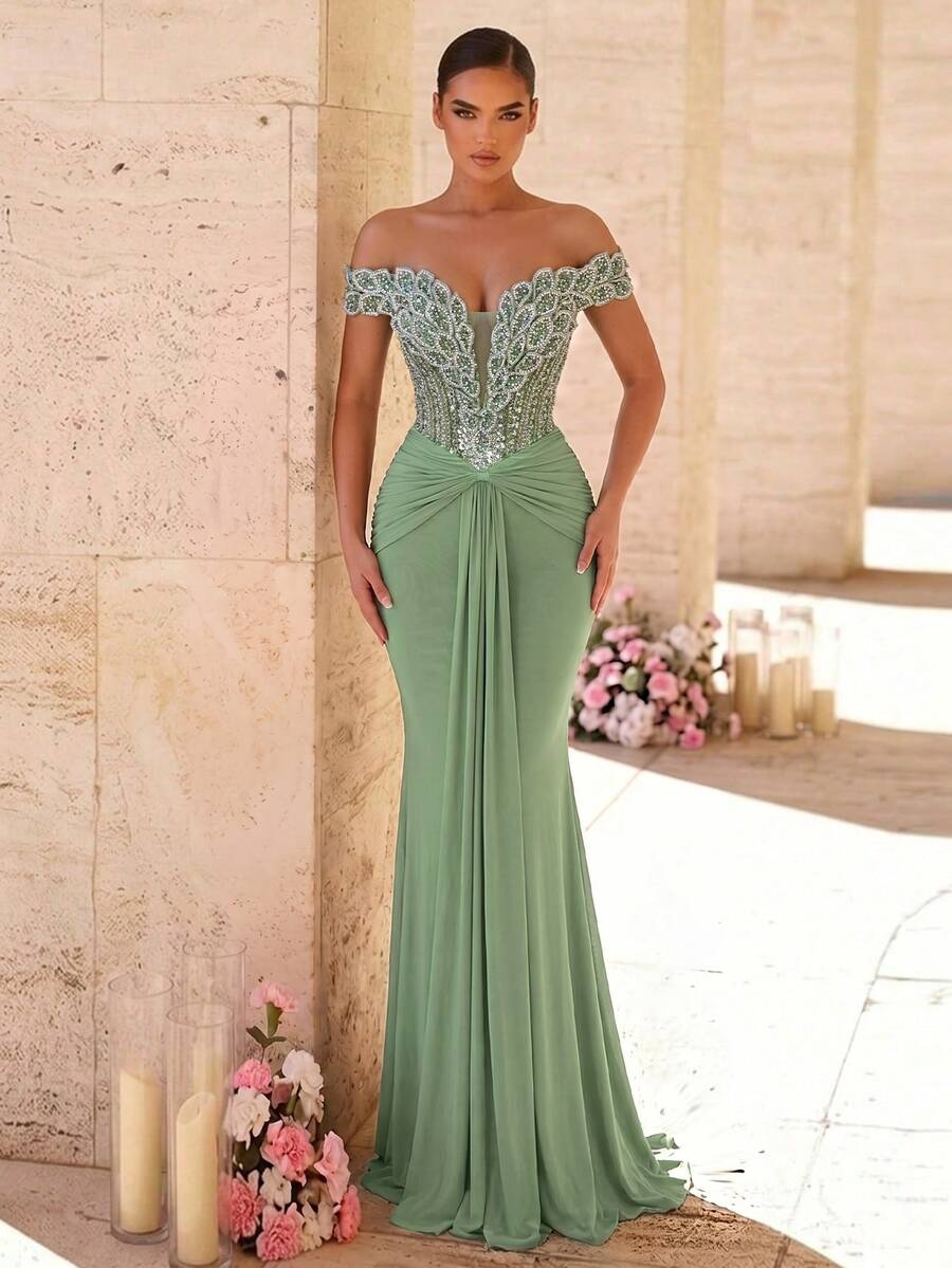 Elegantna luksuzna sirenina haljina za žene sa spuštenim ramenima