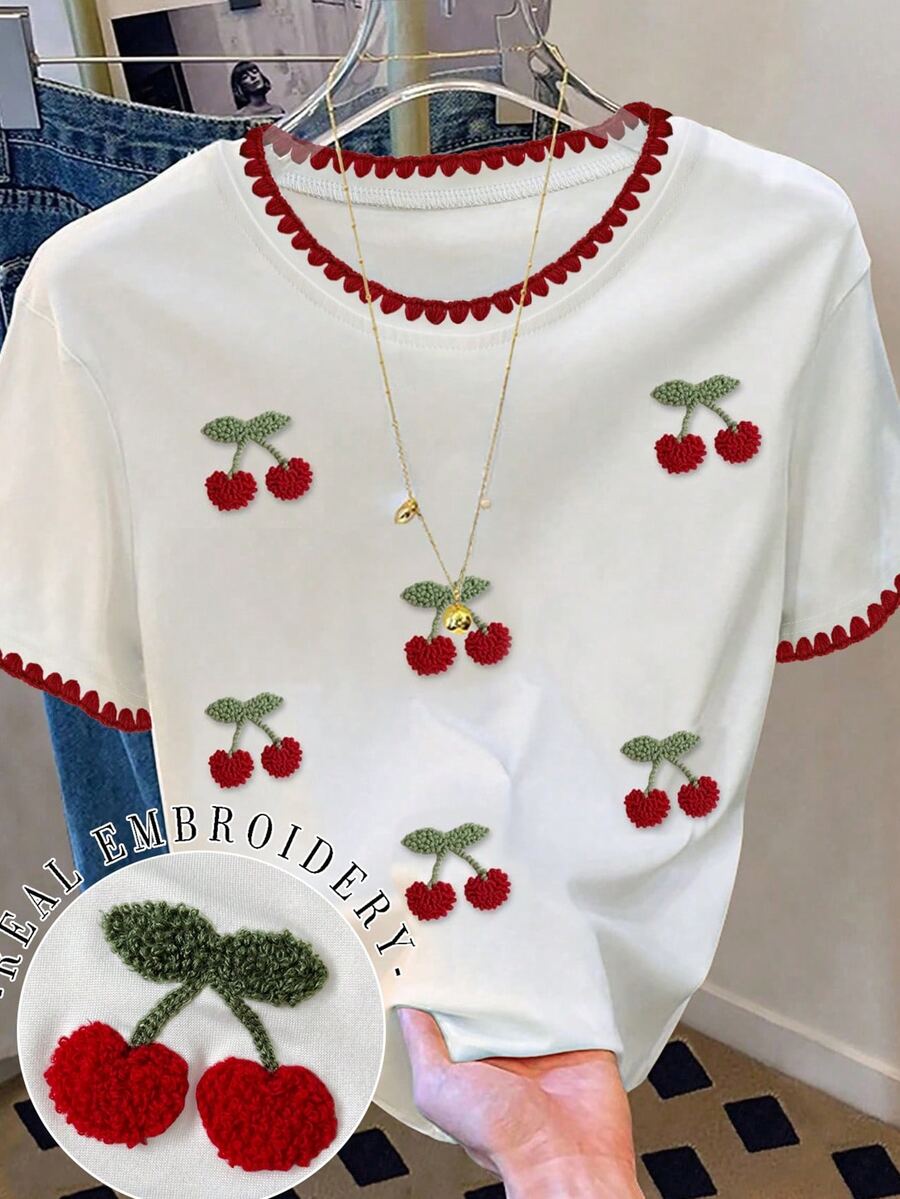 Ženska modna slatka bela majica sa vezenim motivom jagode
