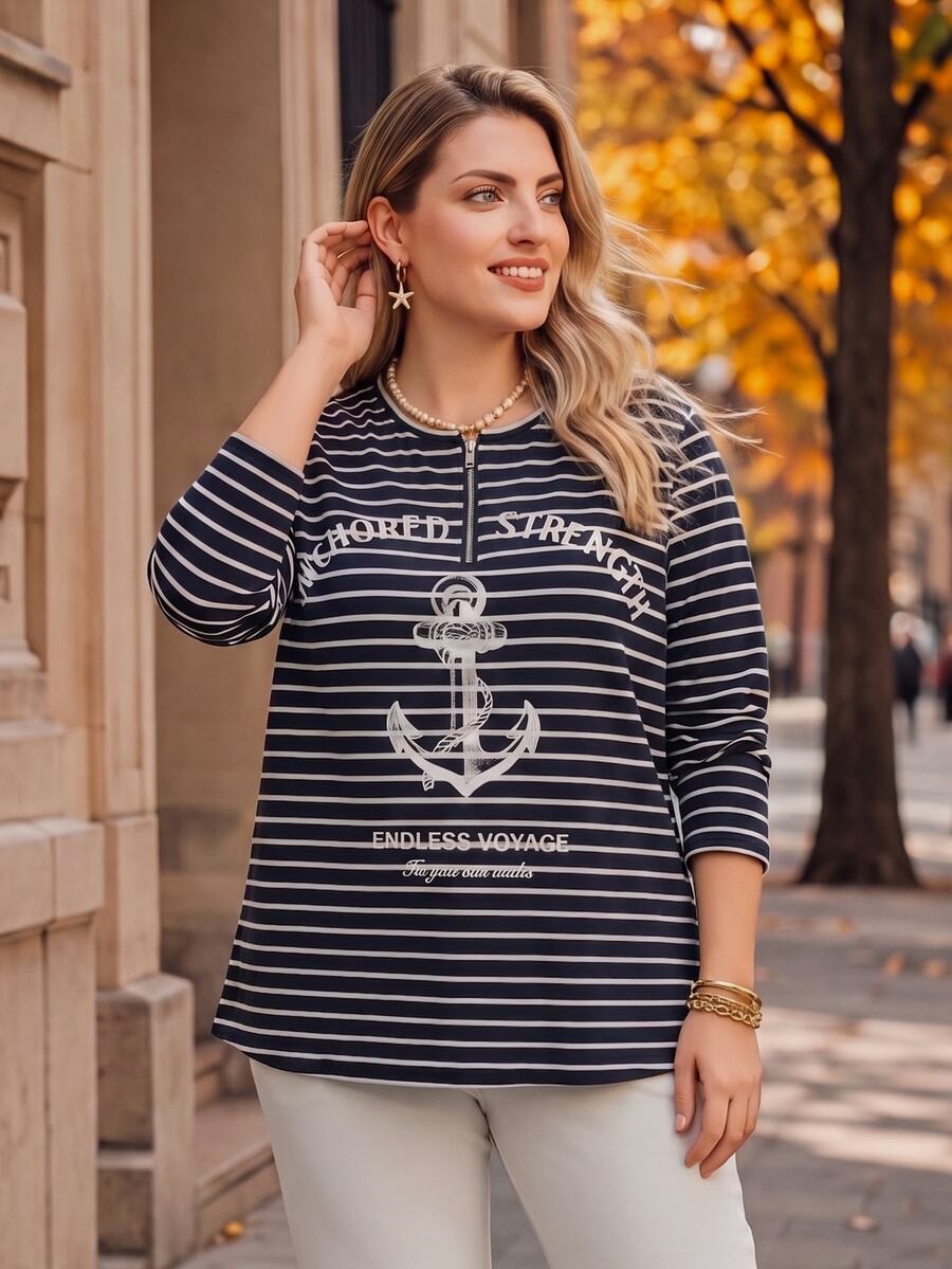 Bluza plus size, širokog kroja, sa polu-ziperom, okruglim izrezom i dugim rukavima