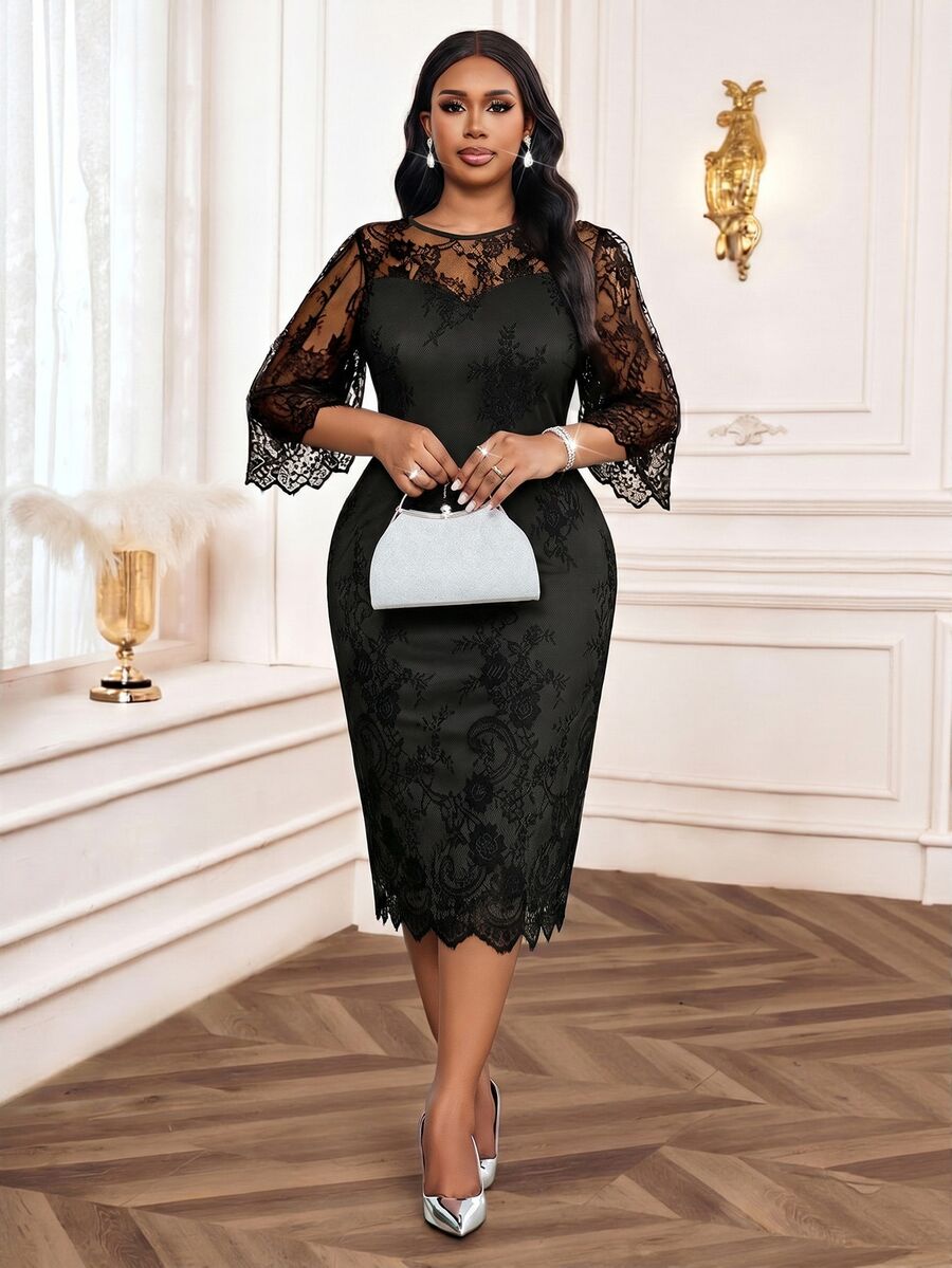Elegantna crna midi haljina od čipke za žene, plus size, sa 3/4 rukavima