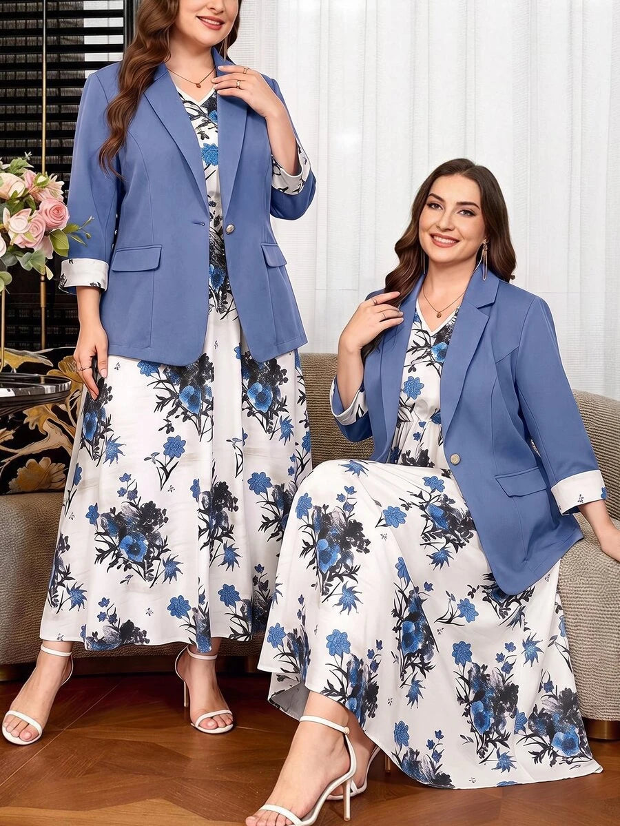 Clasi Set sa sakoom i haljinom sa cvetnim dezenom, plus size