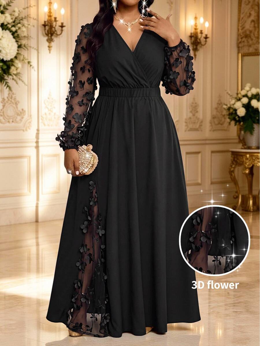 Elegantna haljina , plus size, sa vezom i mrežastim detaljima