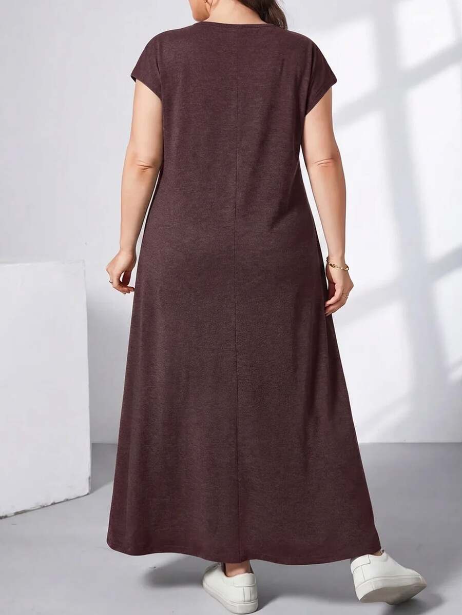 Ženska ležerna haljina plus size, jednobojna, sa okruglim izrezom, kratkim rukavima i džepom