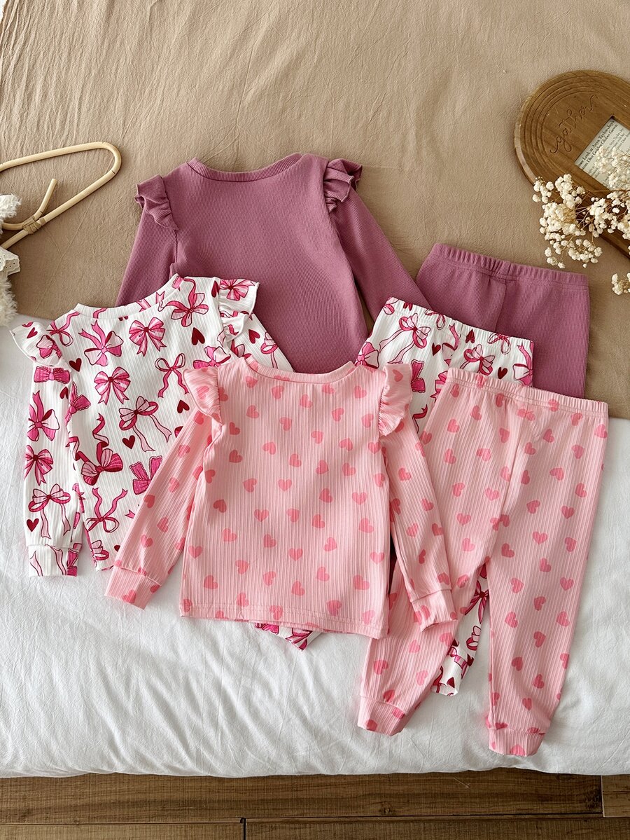 Set od 6 komada za devojčice bebe: pletena majica sa srcastim uzorkom, okruglim izrezom  i duge pantalone