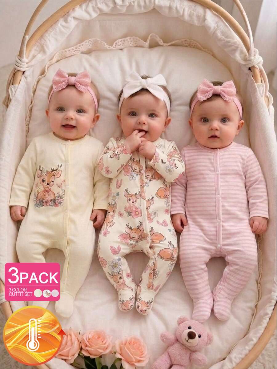 3 komada dečijih kombinezona za devojčice, slatki i nežni, roze i krem, rebrasti sa printom višnje